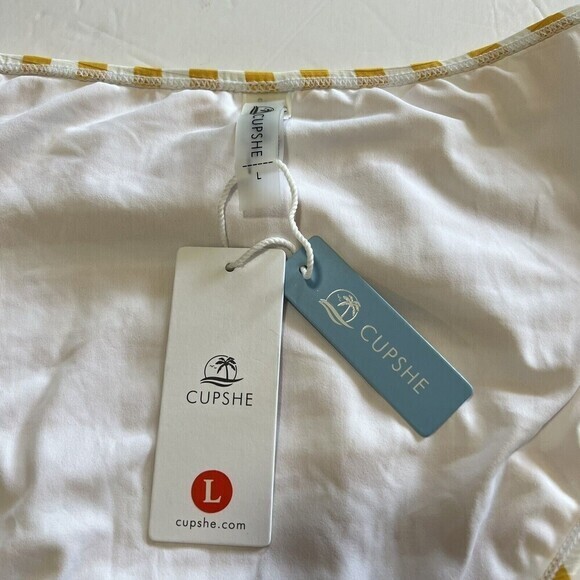 CUPSHE Swim Bottoms Size L Yellow and White Striped High Waisted Textured - Picture 13 of 14